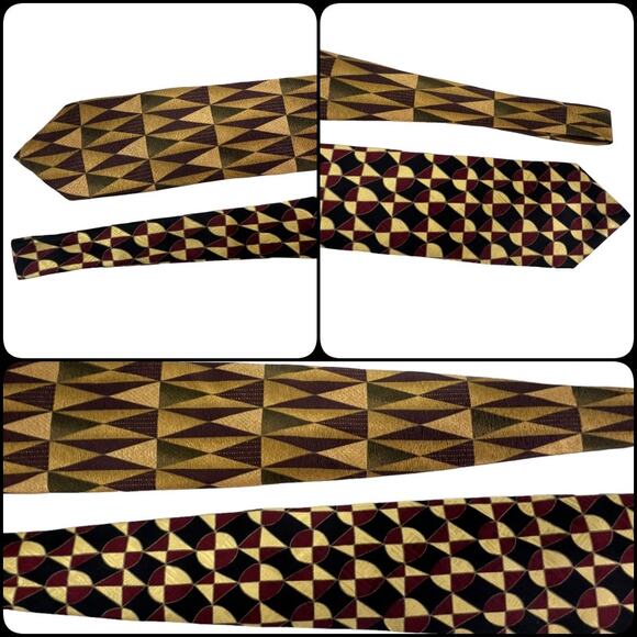 Tom James Bundle 2 Geometric Silk Neckties 60" Gold Cream Olive Purple Burgundy - Picture 6 of 10